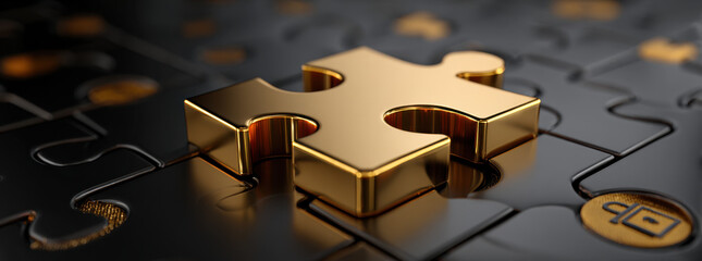 Golden puzzle piece metallic puzzle black background reflective surface elegant composition strategic solution teamwork luxury concept optimistic