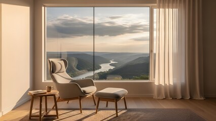 Cozy armchair by a panoramic window offering a breathtaking river valley view at sunset, perfect for relaxation.