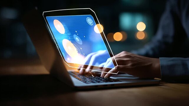 Faceless hands typing on laptop with AI interface icons defocused text image video generation background voice and idea creation tools artificial intelligence content production