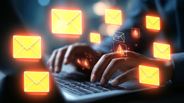 Faceless hands typing on laptop with warning email icons defocused phishing alerts background scam messages detection email security threats visualization spam filtering