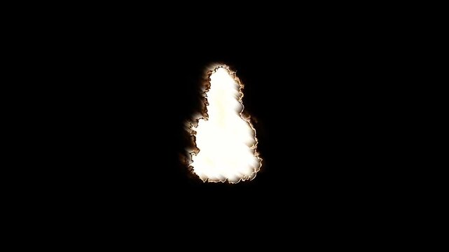 Animation of a black sheet of paper burning with smoldering on a white background for overlay and editing. Animated transition for video