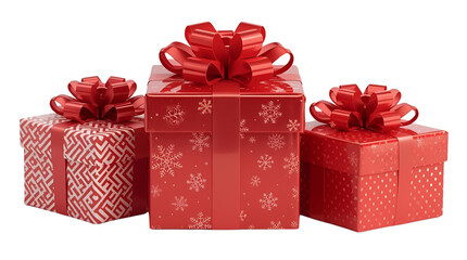 Red Christmas Gift Boxes with Decorative Ribbons Isolated on Transparent Background