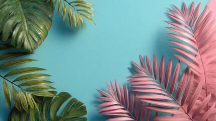 Painted palm leaves on a pastel background with space for further design or text in a tropical summer theme