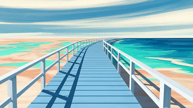 Surreal digital painting of a blue wooden boardwalk on a fantasy beach