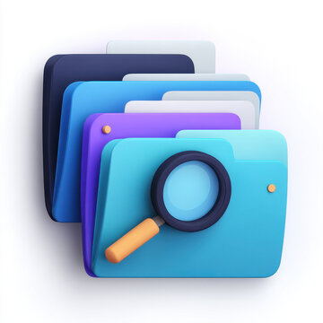 Colorful folder with magnifying glass icon representing file search and organized document browsing minimalistic flat design, subtle shadow and soft gradient conveying focused, efficient discovery
