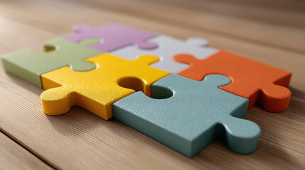 Six colorful puzzle piece connected on wooden surface, blue yellow orange green purple white textured plastic pieces creating playful warm composition with shallow depth of field