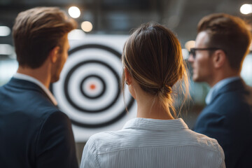Team aiming at bullseye target goal setting alignment focus collaboration strategic planning confident professionals observing target with determination