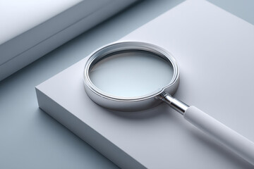 Minimalistic magnifying glass on white geometric surface, chrome rim and white handle, soft studio lighting creating calm reflective mood and modern elegant composition