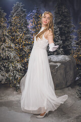 Fototapeta premium Grace in the Cold: Elegant Pose in a Snow-Covered Background