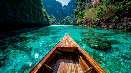 A wooden boat on a clear blue river surrounded by lush green mountains