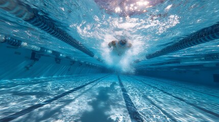 Indoor Pool Lap Swimming with Clear Reflections and Athletic Motion