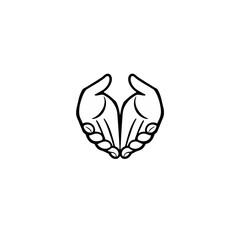 A simple black and white line art illustration depicting two cupped hands, palms facing upwards, in a gesture of holding, giving, or receiving.