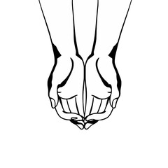 Minimalist black and white line art illustration of two hands cupped together, palms facing, fingers intertwined, suggesting holding or receiving.