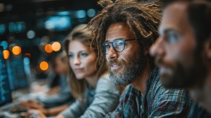 Group of IT specialists working together on data security project and planning upgrades for cloud computing systems in a modern office environment