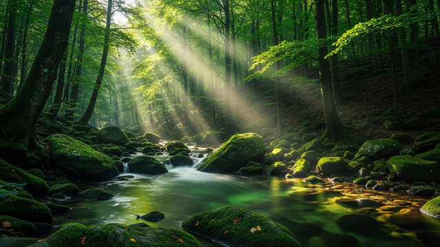 waterfall in the forest Peaceful Forest Stream with Sunlight and Green Moss