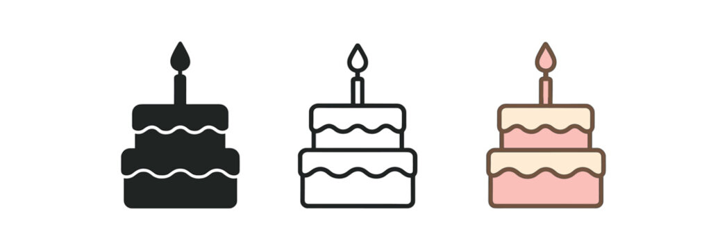 birthday cake icons three layered cake with candle icons one flat solid monochrome one thin black outline black and white one full color flat icon cream and pink