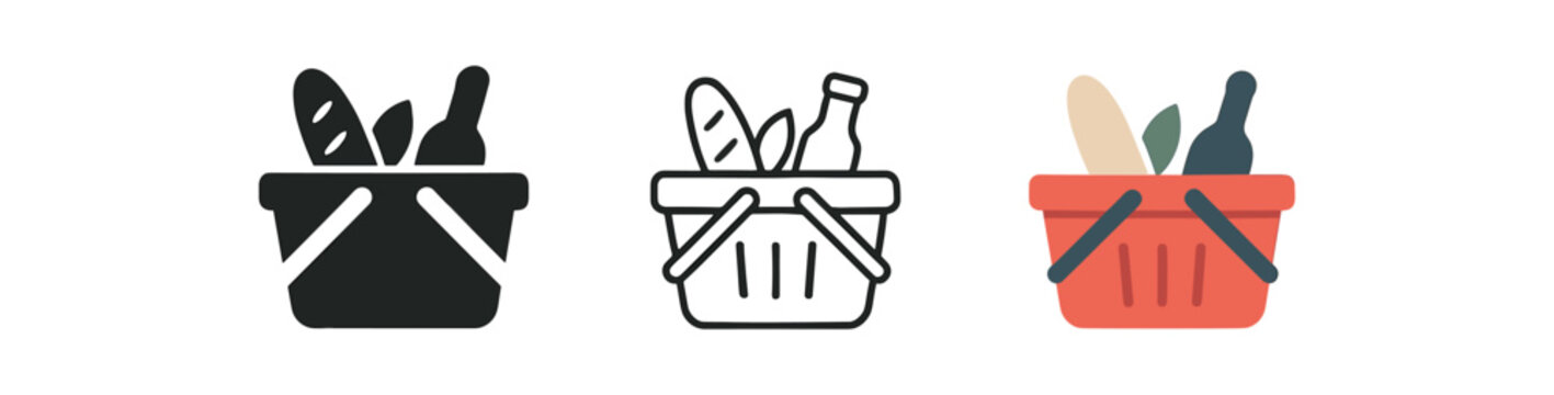 grocery basket icons three shopping basket with simple food silhouettes icons one flat solid monochrome one thin black outline black and white one full color flat icon red or teal