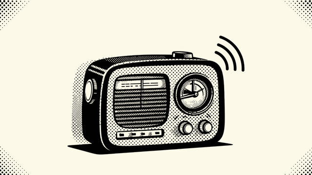 Classic black and white analog radio illustration with halftone patterns broadcasting a signal.