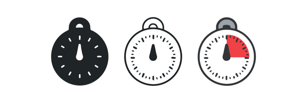 kitchen timer icons three round timer icons one flat solid monochrome one thin black outline black and white one full color flat icon white and red