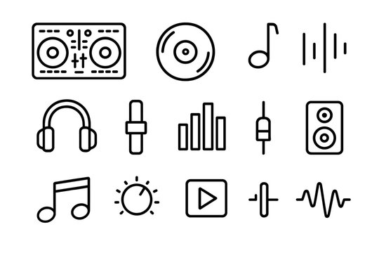 Music and sound linear icons set. featuring dj, vinyl, music note, headphones, equalizer, speaker, play button