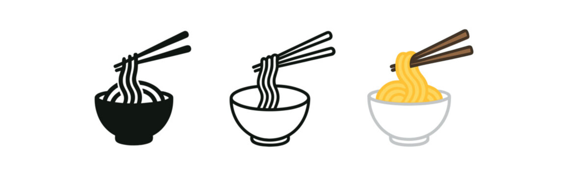 noodle bowl icons three bowl with noodles and chopsticks icons one flat solid monochrome one thin black outline black and white one full color flat icon white bowl with noodles