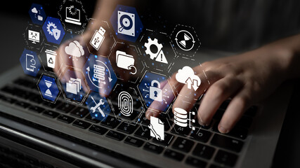 Data recovery icons show backup, data recovery process, and secure restoration. Data recovery ensures system reliability, data recovery protection, and information access. Entice