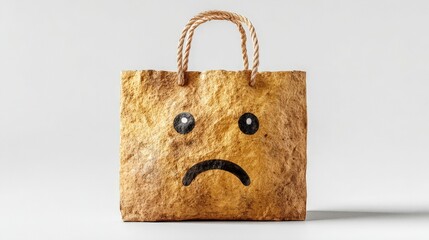 Unique paper bag balloon with sad face emoji on white background showcases creative design and fun art concept