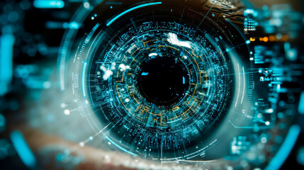A close-up of a human eye with a digital overlay of intricate circuitry and lines suggesting a futuristic or cybernetic enhancement