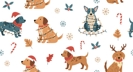 Fototapeta premium Festive seamless pattern featuring various adorable dogs adorned with Santa hats and Christmas lights, surrounded by snowflakes and holiday elements.