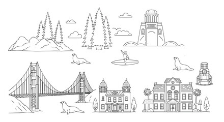 Naklejka premium Detailed line art collection depicting iconic San Francisco landmarks and natural elements, including the Golden Gate Bridge, sea lions, and redwood trees.