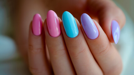 A close-up of a person's hand displaying five fingers with nails painted in pastel colors