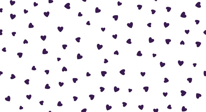 Simple and sweet seamless pattern composed of numerous small, scattered purple hearts on a crisp white background, evoking subtle affection.