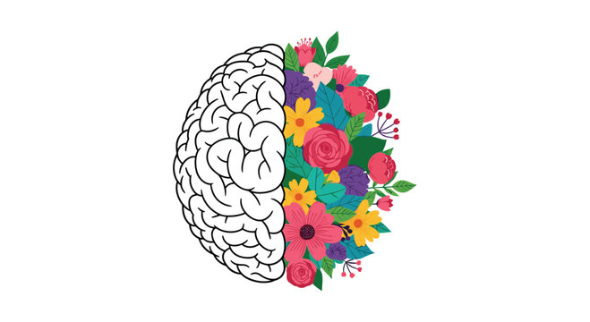 Creative illustration depicting a human brain with one half as an intricate outline and the other bursting with vibrant, colorful flowers and leaves.