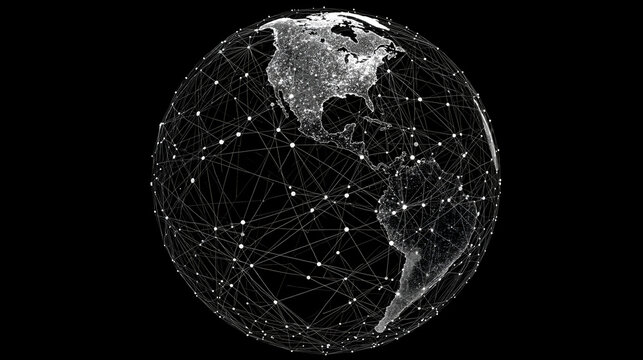 A black and white graphic of a globe with a network of lines and dots representing connectivity