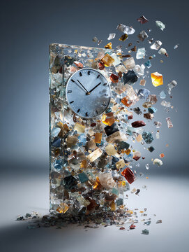 glass clock exploding into floating shards, generative ai