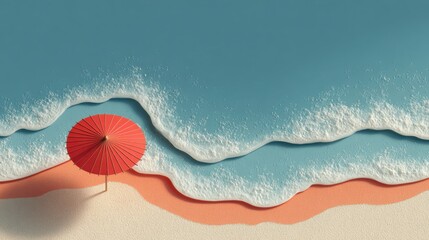 Beach scene with sand, umbrella, and waves during daytime for vacation planning or relaxation themes