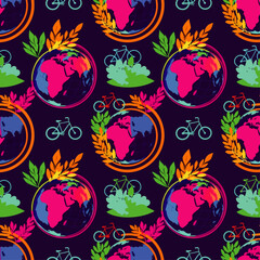 Vibrant seamless pattern featuring stylized Earth globes, bicycles, and foliage symbolizing environmental consciousness and eco-friendly living.