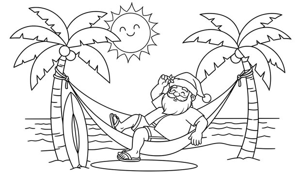 Santa Claus relaxing in a hammock between palm trees on a sunny beach, with a surfboard nearby, creating a cheerful holiday atmosphere in a coloring page illustration