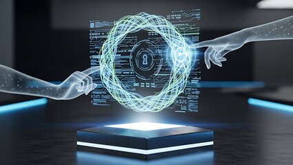 Futuristic digital design of a glowing computer network symbol illustrating technology and internet communication with binary code backdrop