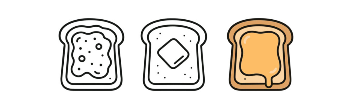 Toast bread with butter and jam icon set. Breakfast, sandwich, snack, bakery symbol. Outline flat and colored vector illustration.