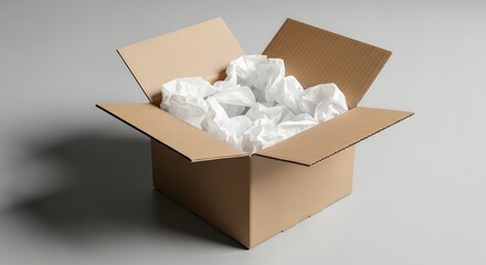 Open cardboard box with tissue paper inside on neutral surface ready for shipping or gifting scene