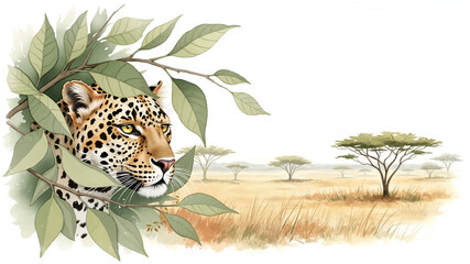 Naklejka premium Leopard portrait in savanna landscape illustration with copy space