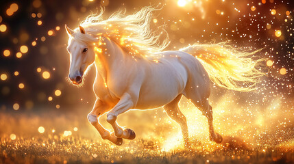 A golden horse gallops, leaving a shimmering trail of golden light behind, creating a magical and powerful atmosphere.