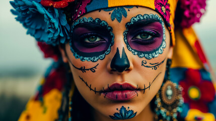 A woman with face paint and a colorful headdress