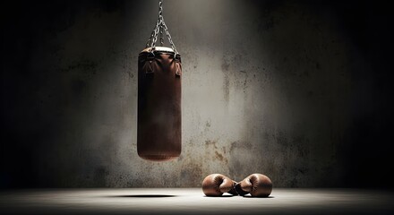 Heavy Punching Bag with Boxing Gloves in Darkened Gym Setting Under Dramatic Light