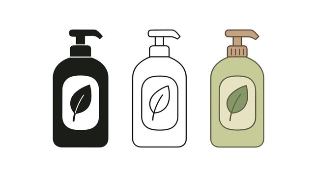 Flat vector illustration eco cleaning bottles with simple leaf icons soft rounded silhouettes clean outline one black and white flat version one outline version one color version cozy eco