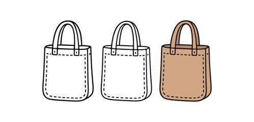 Flat vector illustration fabric grocery totes with stitched patterns soft rounded shapes clean outline one black and white flat version one outline version one color version cozy eco