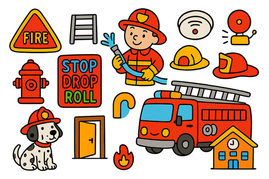 Fire safety flat icons set. featuring firefighter, fire truck, alarm, hydrant, dalmatian, ladder