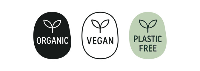 Flat vector illustration minimal eco labels organic vegan plastic free soft rounded shapes clean outline one black and white flat version one outline version one color version cozy eco