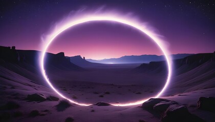 Surreal glowing ring portal in a desolate desert landscape at twilight with stars